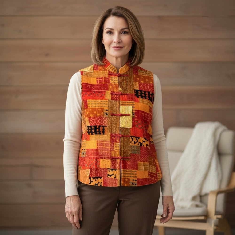 Silk & Velvet Patchwork Vest Coldwater Creek  Sz L Rust Red Orange Asian Buttons